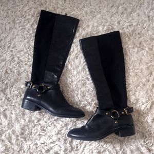 Black Leather Harness Buckle Knee High Riding Boots